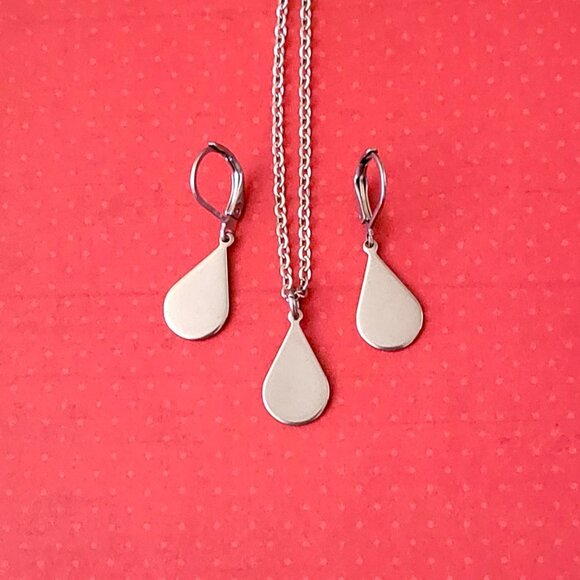 TEARDROP Stainless Steel Charm Chain Necklace 18" Earrings SET - Picture 2 of 16